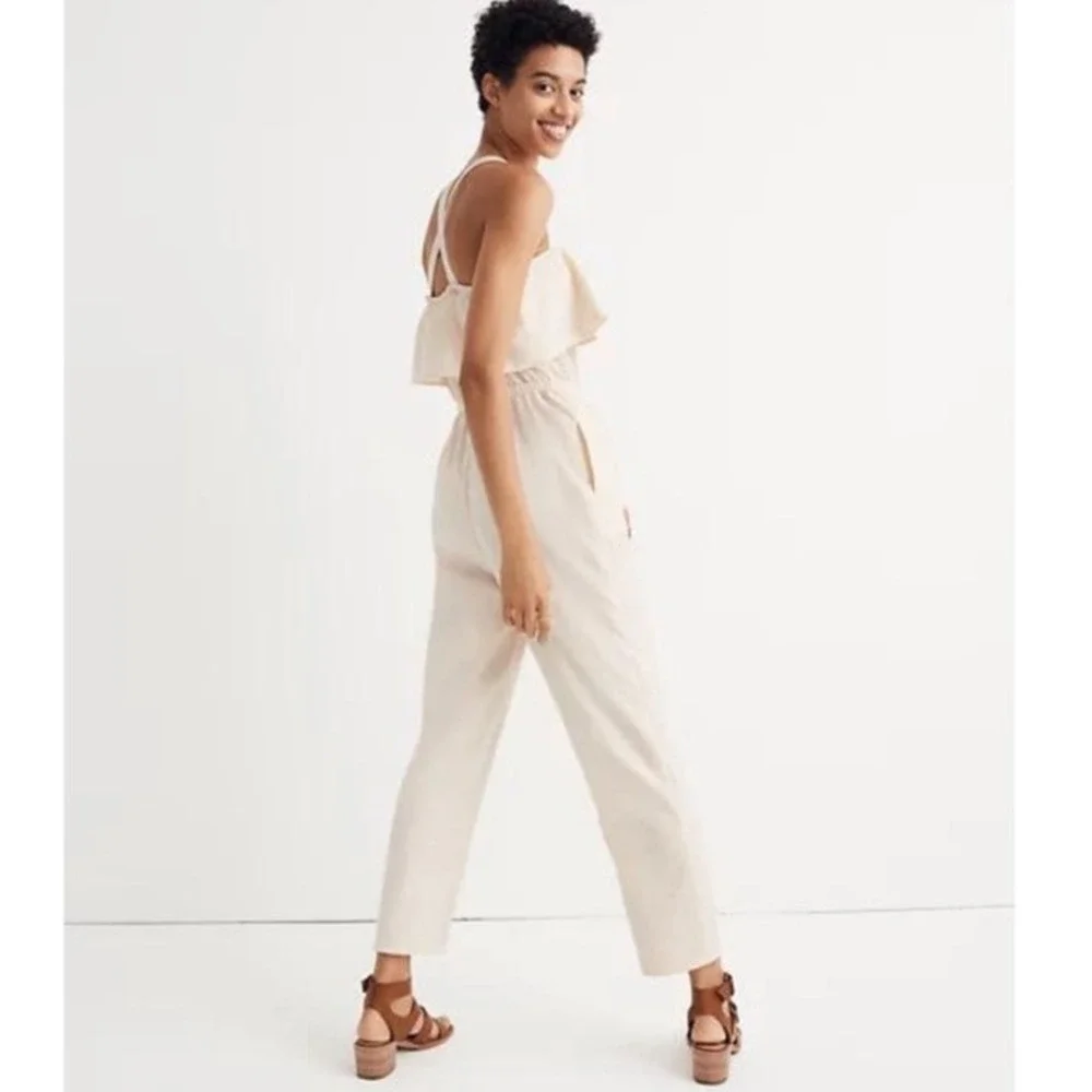 Madewell Apron Ruffle Linen Blend Jumpsuit in Cream‎ H8825 Size S